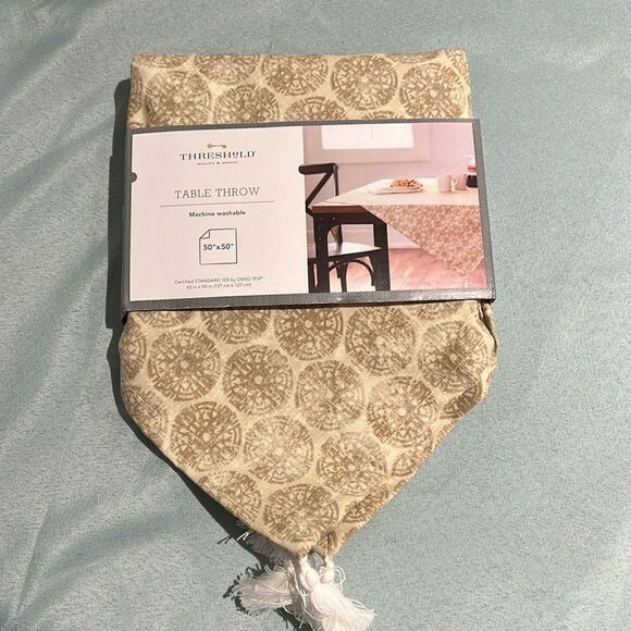 Threshold Beige Distressed Medallion Linen Blend Tassels Table Throw 50" x 50" - Picture 2 of 6